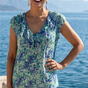 Semantiks Blue and Green V-Neck Cap Sleeve Floral Top